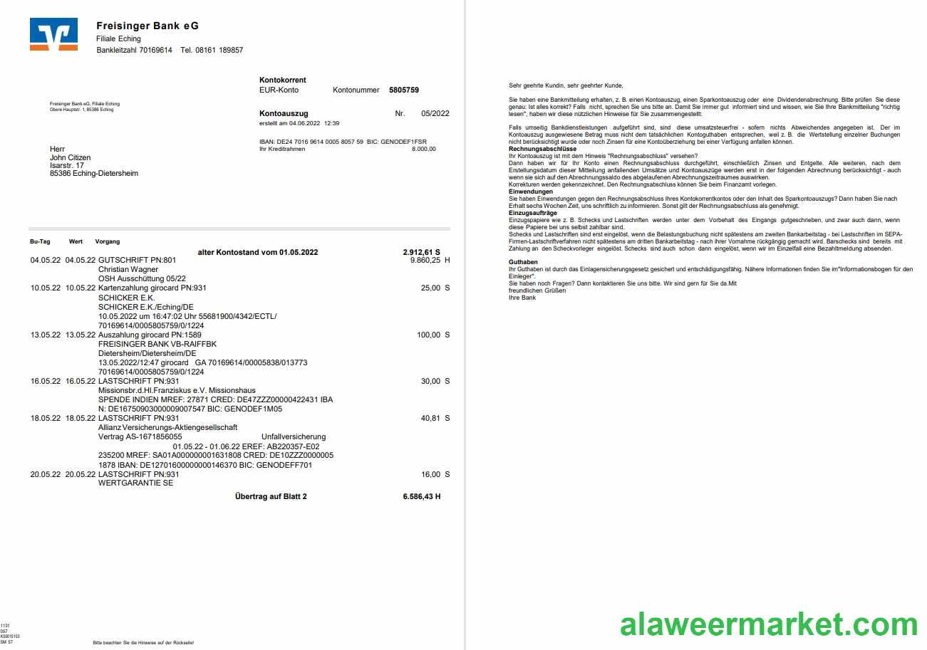 Germany Freisinger Bank eG statement 2 pages